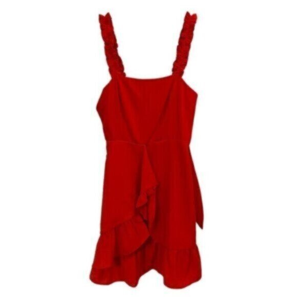 NWT E.SSUE | Women's Red Multi-Tiered Faux Wrap Ruffle Dress Size Small - Picture 1 of 11